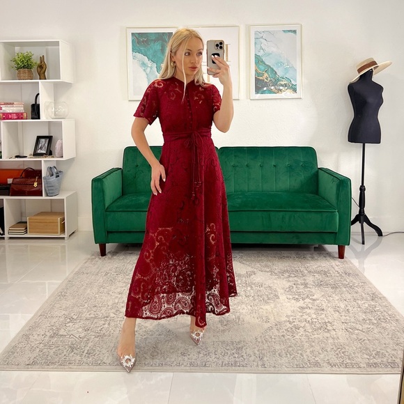Charlotte Red Crochet Midi Dress - Picture 5 of 6